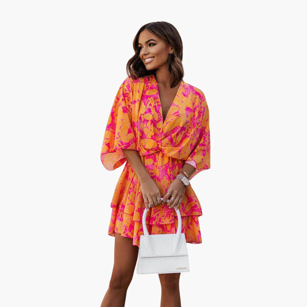 Bavane | Women's Floral Dress with Ruffles V-Neck Summer Dress