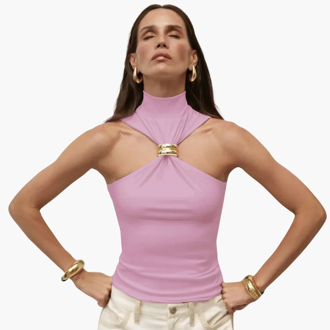 Bavane | Chic High Neck Halter Top - for Women with Gold Accent