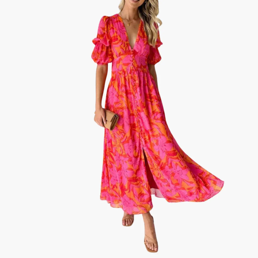 Bavane | Elegant Maxi Dress for Women - V-Neck & Puff Sleeves