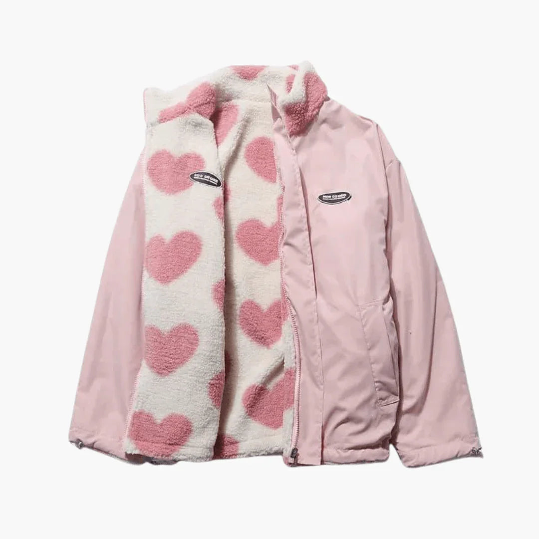 Bavane | Reversible Women's Coat with Heart Pattern and Cozy Fleece