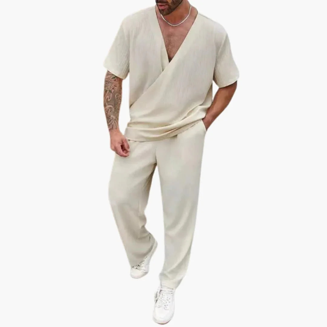Bavane | Men's Summer Two-Piece Set with V-Neck and Long Pants