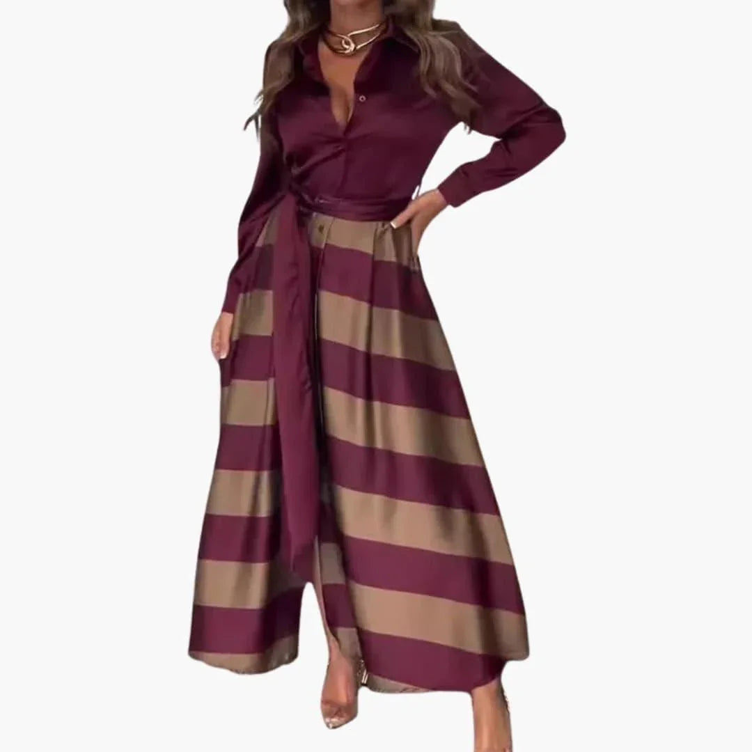 Bavane | Striped Maxi Dress for Women - with Shirt Collar and Belt