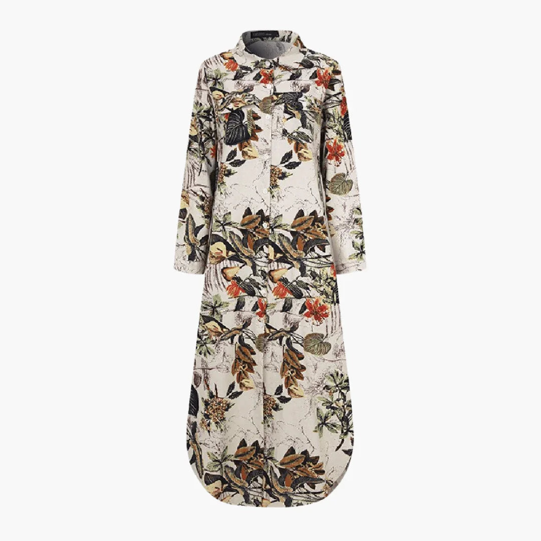 Bavane | Floral Maxi Dress for Women with Button Placket Long Dress