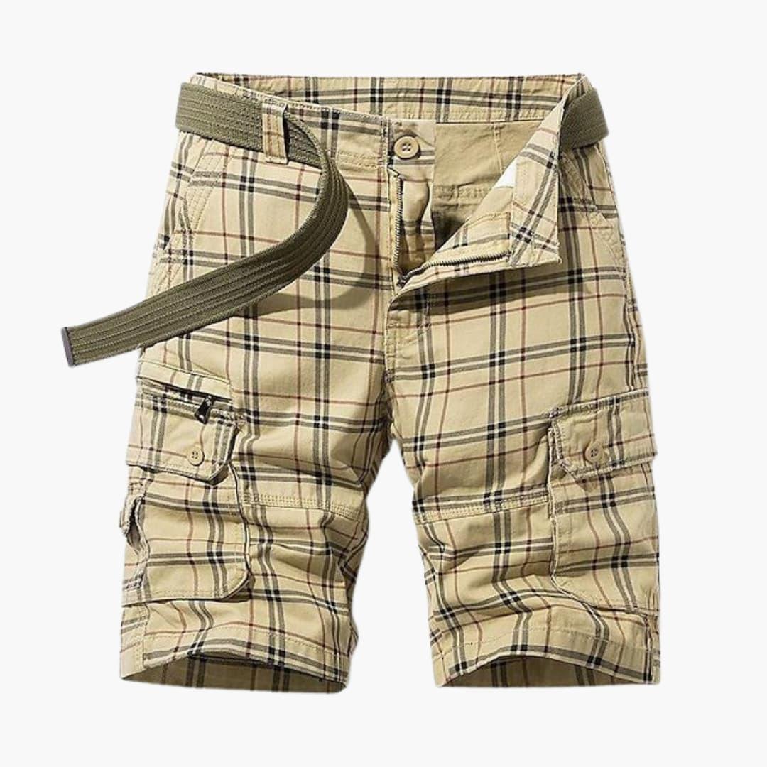 Bavane | Men's Cargo Shorts with Check Pattern and Fabric Belt
