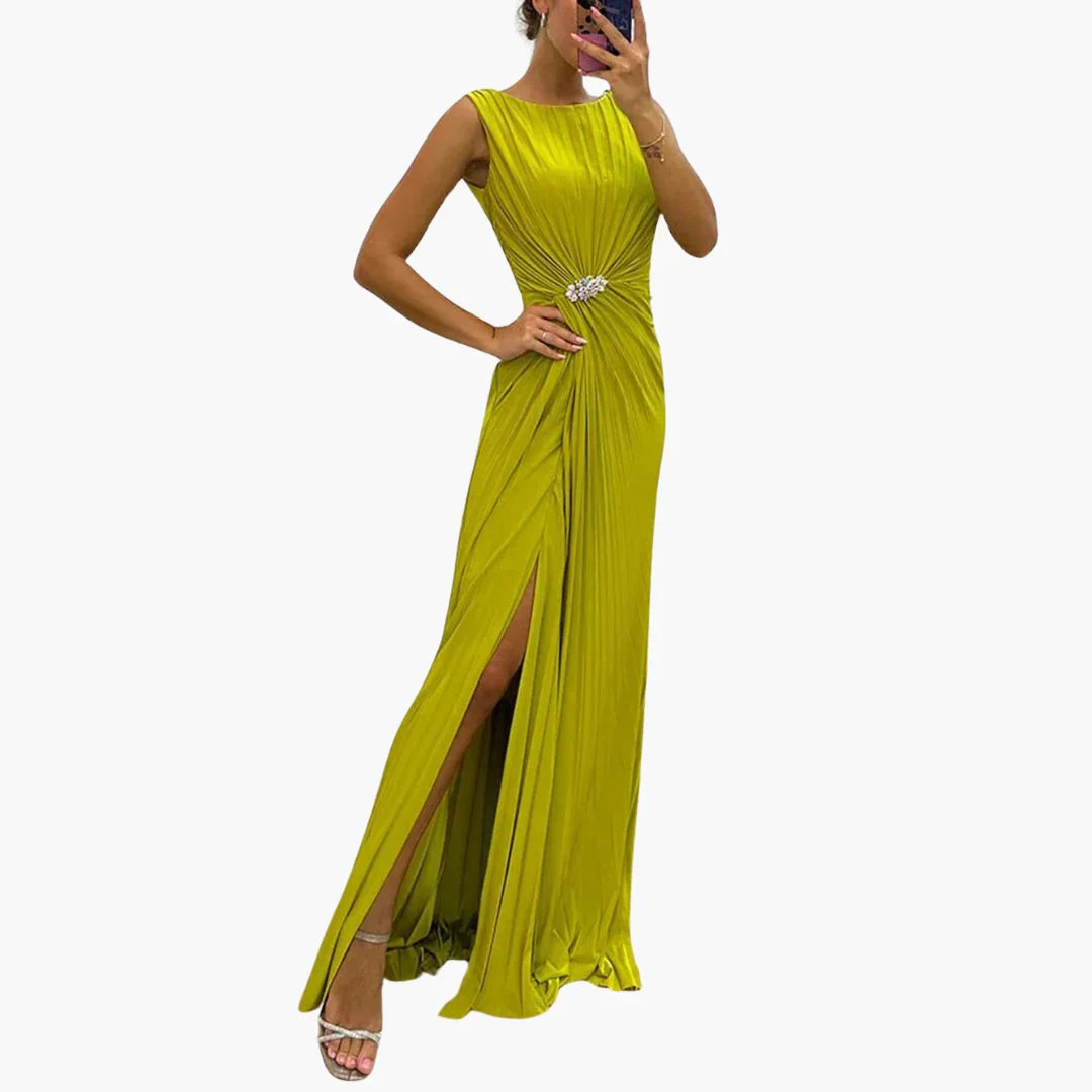 Bavane | Pleated Maxi Dress with Slit - Elegant Women's Evening Dress