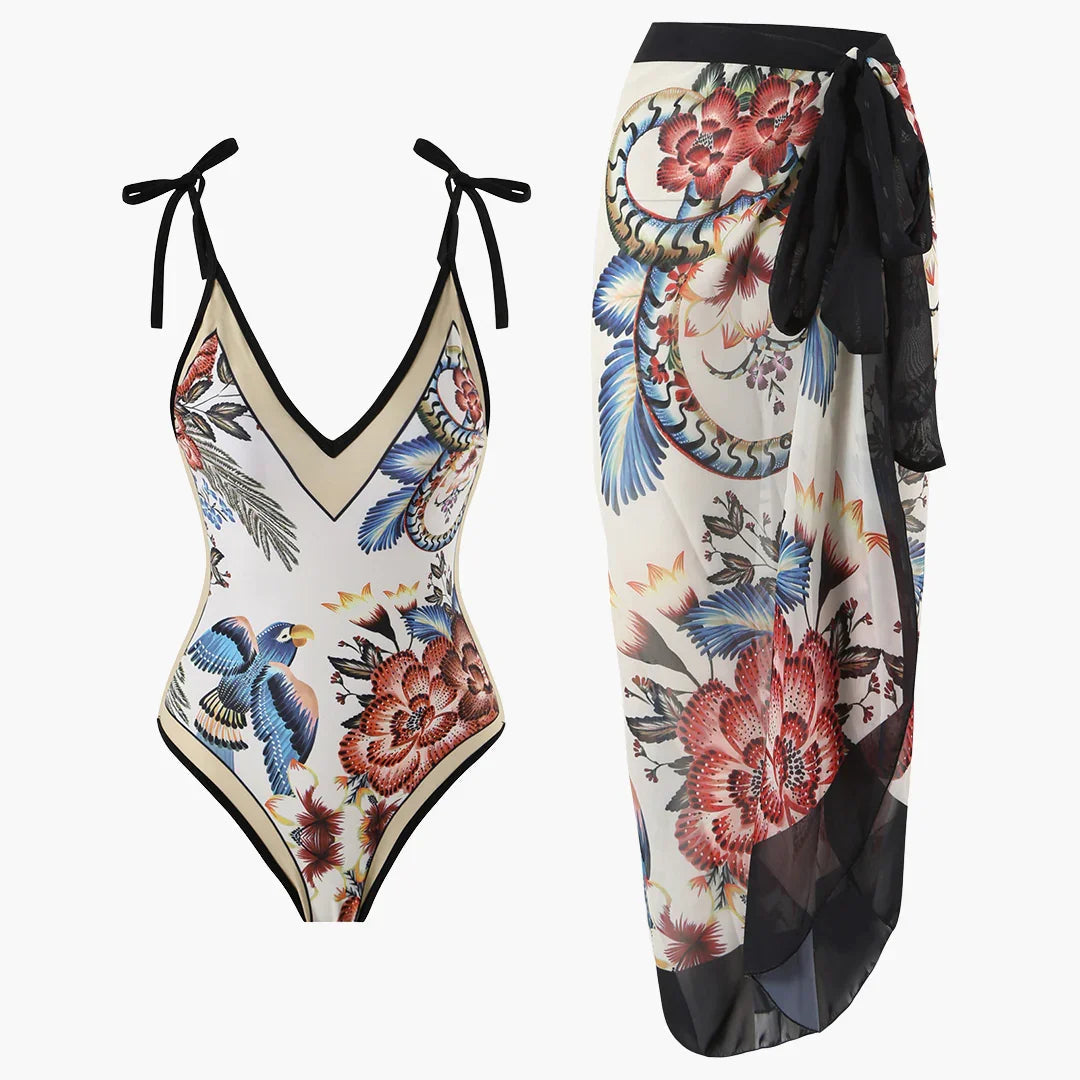 Bavane | Women's Swimsuit Set - with Floral Pattern and Pareo Cover-up