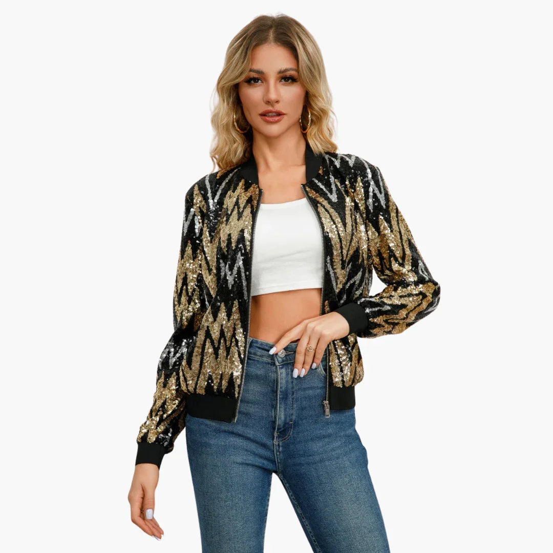 Bavane | Women's Bomber Jacket with Zipper and Sequin Surface