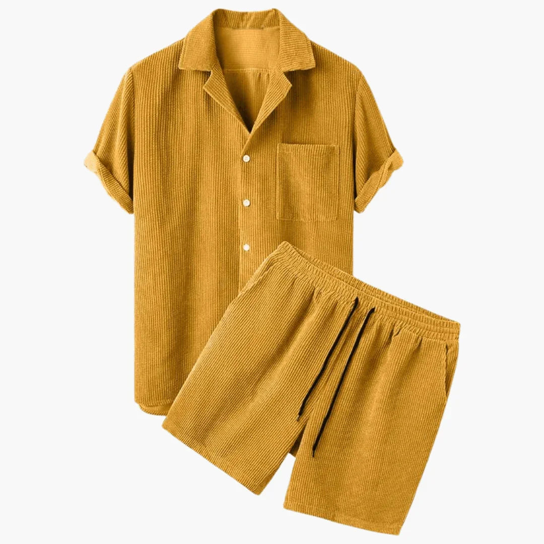 Bavane | Cord Two-Piece Set for Men Short Sleeve Shirt with Shorts