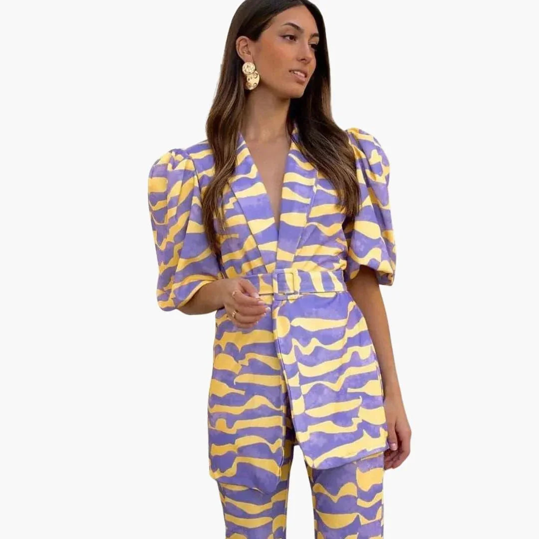 Bavane | Women's Blazer Set with Print - Elegant Two-Piece with Puff Sleeves