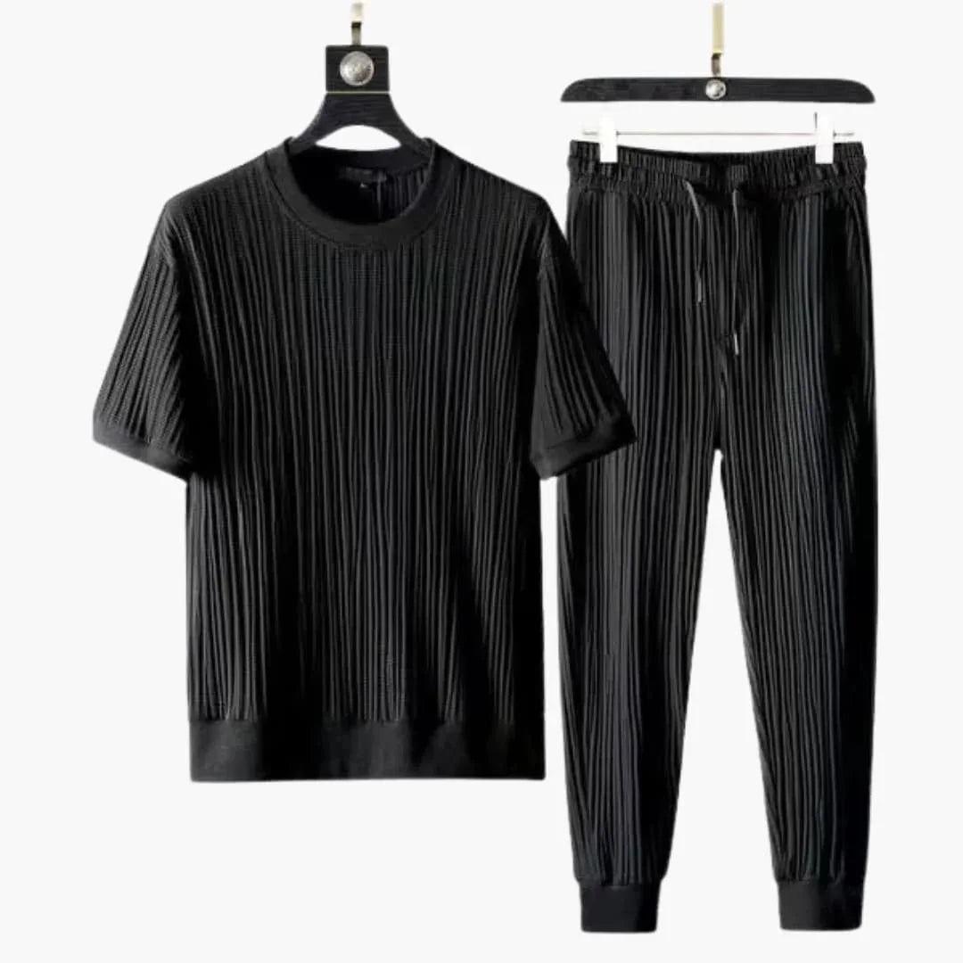 Bavane | Men's Pleated Two-Piece Set with Round Neck T-Shirt and Jogging Pants