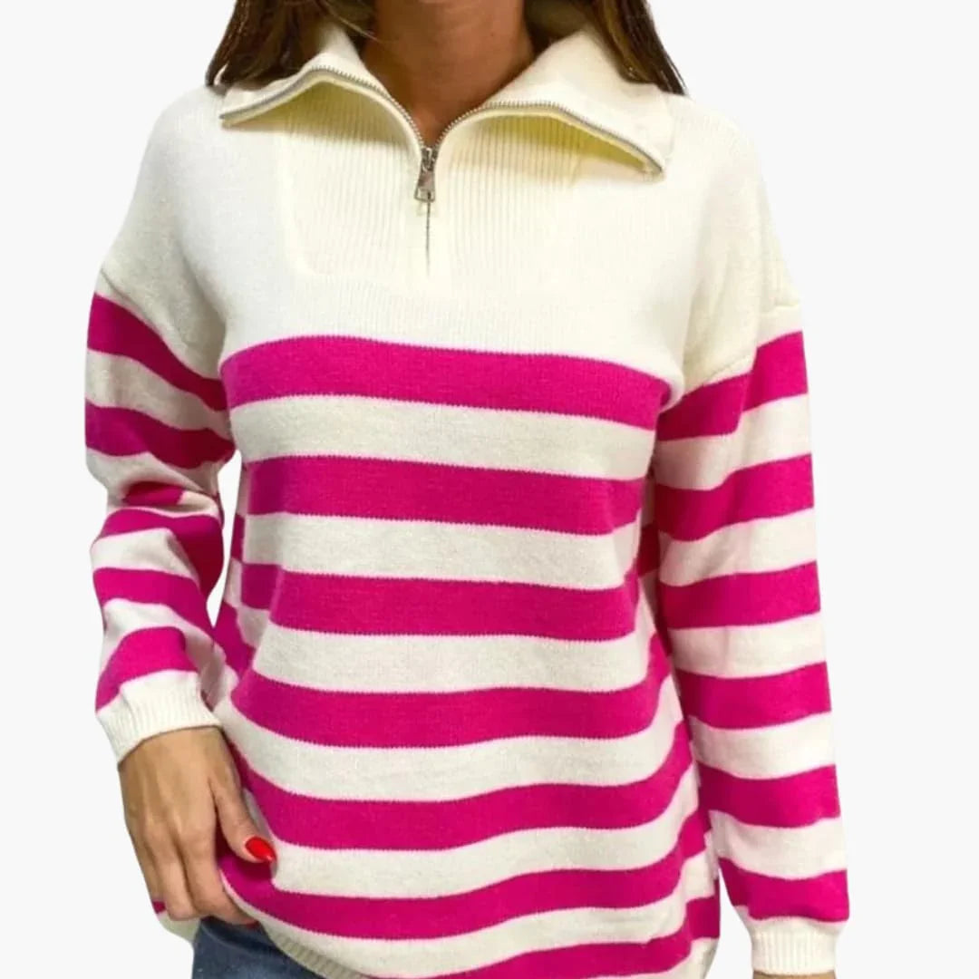 Bavane | Striped Zip-Up Sweater for Women with Stand Collar