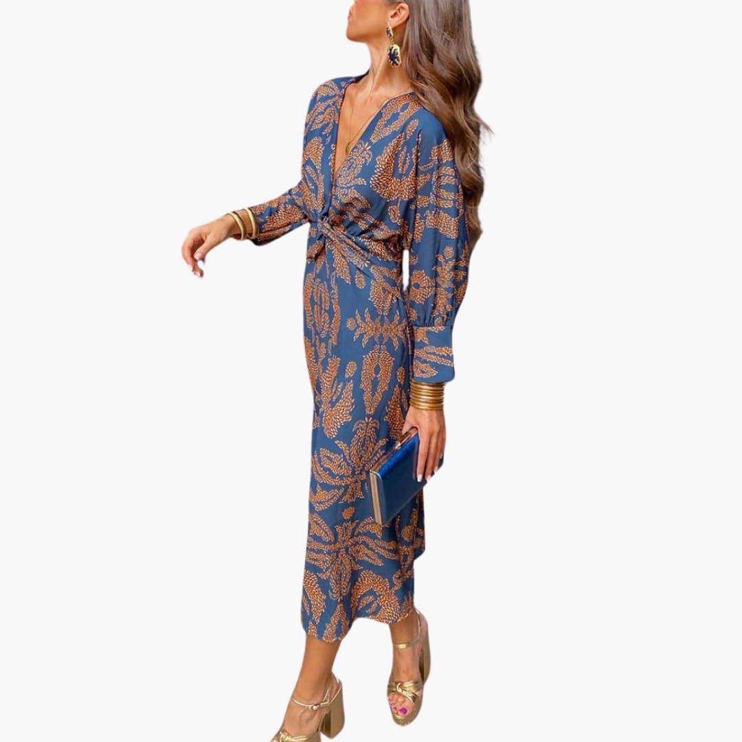 Bavane | Midi Dress for Women - Floral Pattern, Long Sleeve & V-Neck