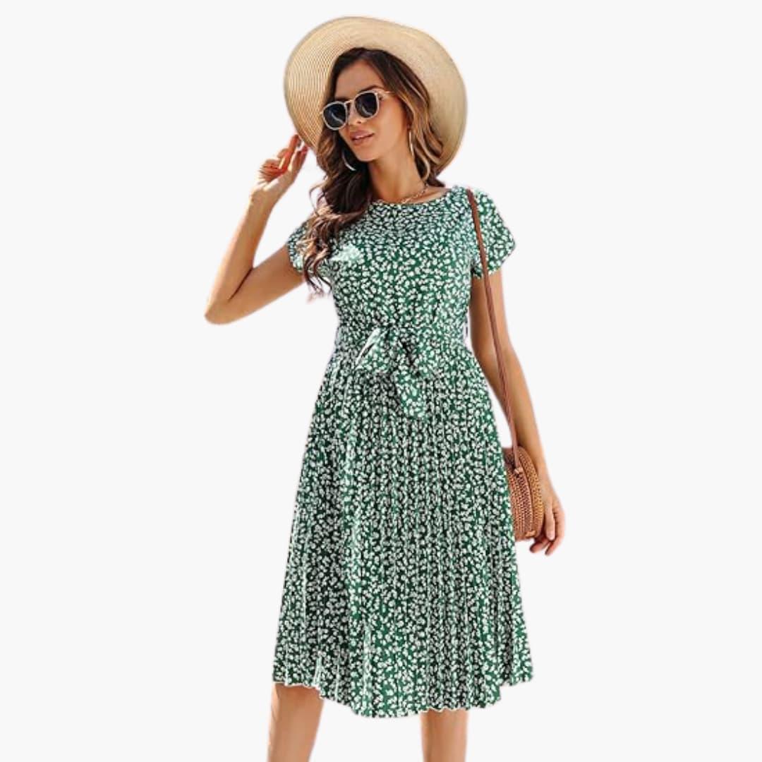 Bavane | Summer Dress for Women - Floral Dress with Belt and Short Sleeves