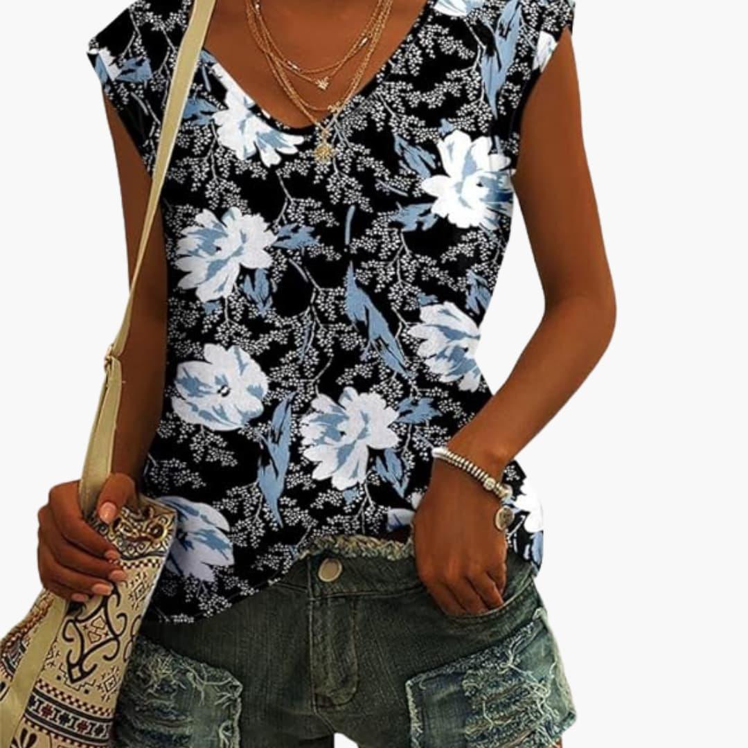 Bavane | Womens V-Neck Shirt with Cap Sleeves for Summer