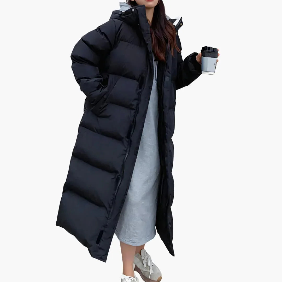 Bavane | Women's Long Down Coat with Hood and Concealed Closure