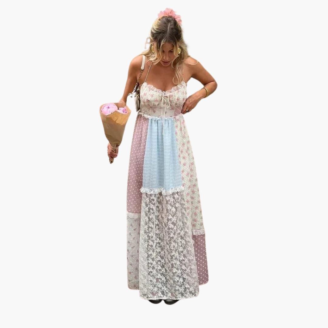 Bavane | Patchwork Maxi Dress - Women's Summer Dress with Spaghetti Straps