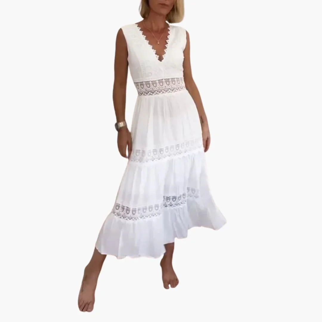 Bavane | Women's Sleeveless Lace Dress with V-Back and Tiered Skirt