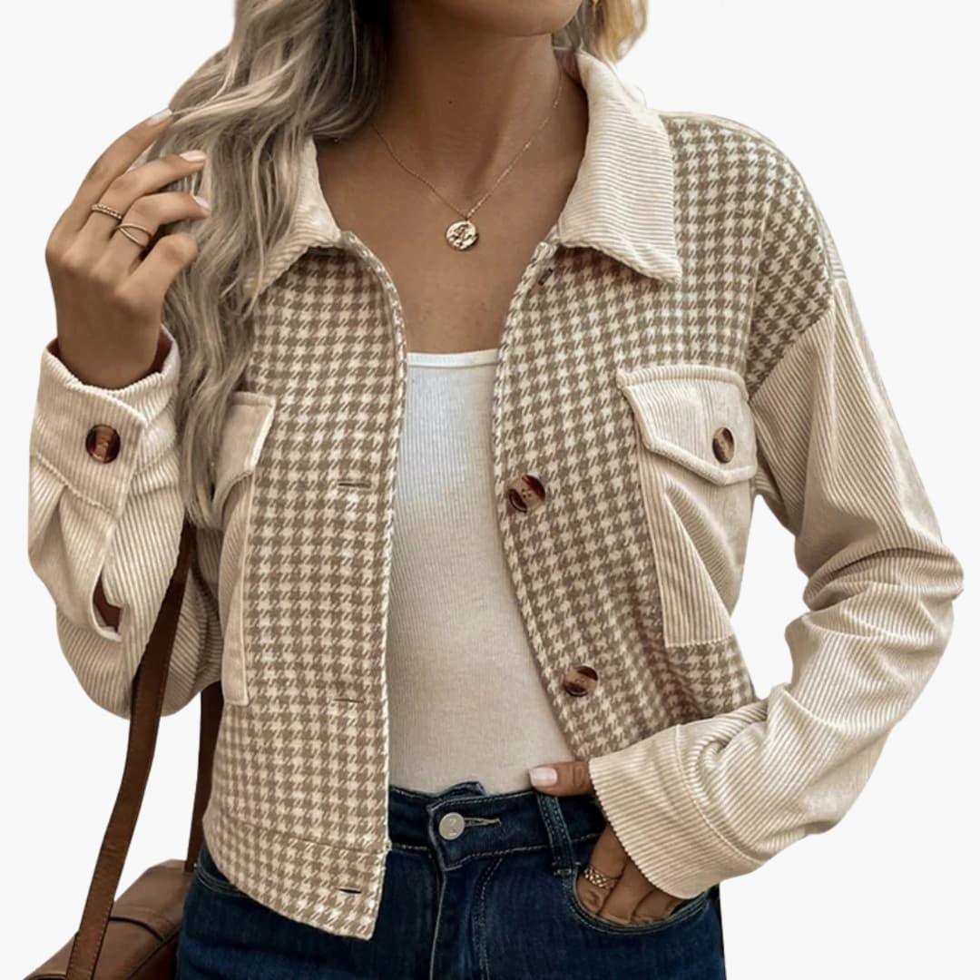 Bavane | Women's Cord Jacket with Houndstooth Pattern and Button Details