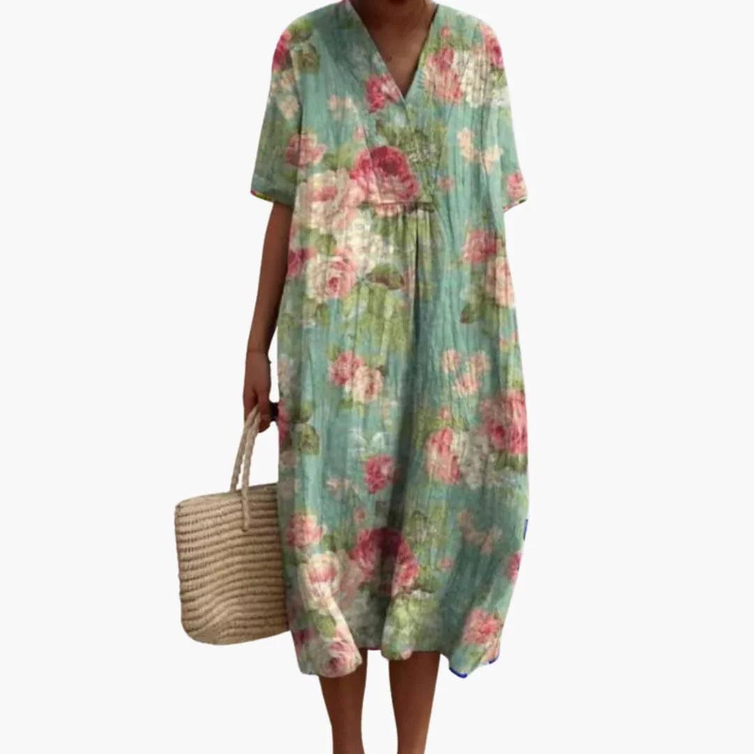 Bavane | Women's Midi Dress with V-Neck and Short Sleeves