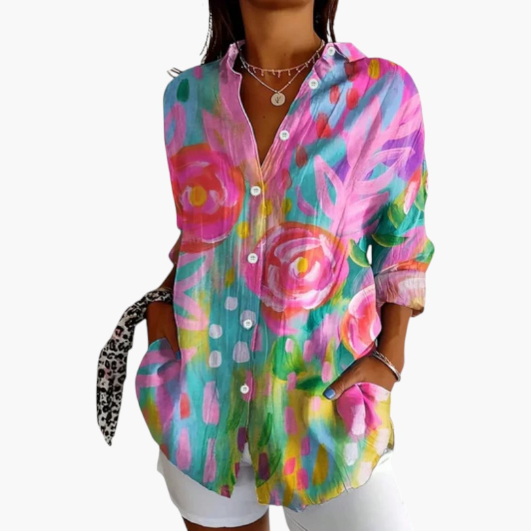 Bavane | Women's Button-Down Blouse with Printed Pattern and Long Sleeves
