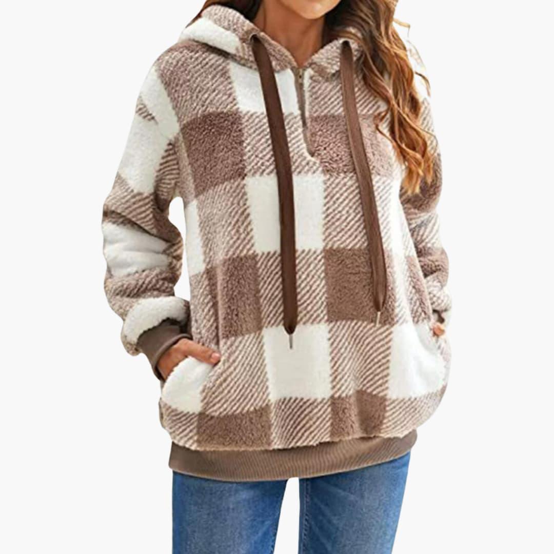 Bavane | Women's Hooded Sweatshirt with Checkered Pattern and Kangaroo Pocket