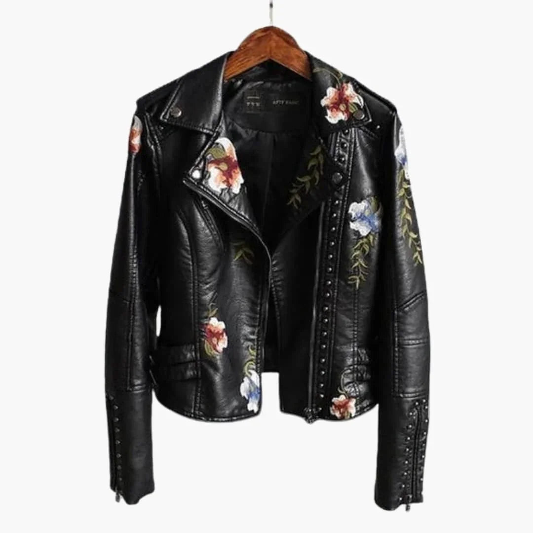 Bavane | Women's Biker Jacket with Floral Embroidery and Stud Details