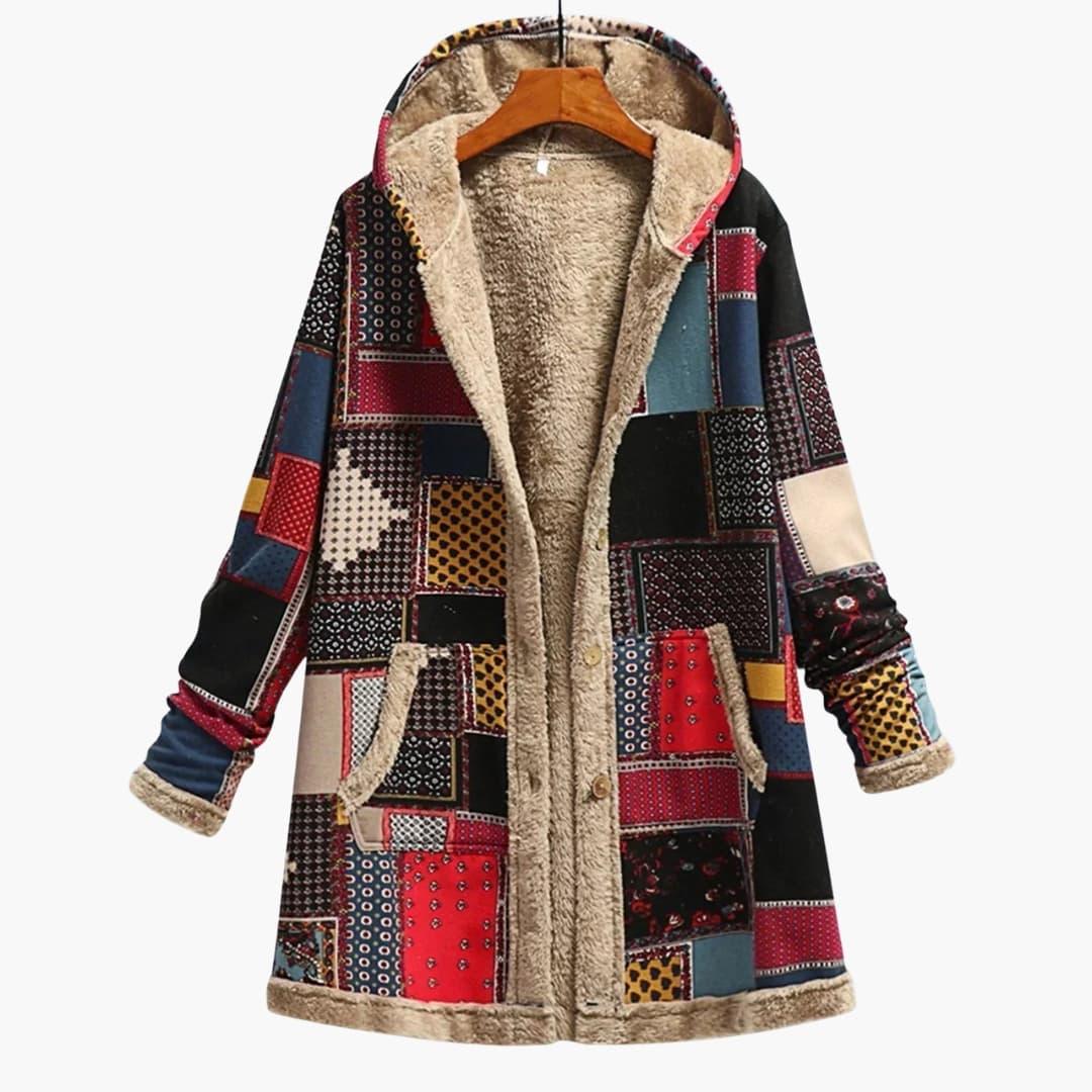 Bavane | Women's Hooded Jacket with Buttons and Patchwork Surface