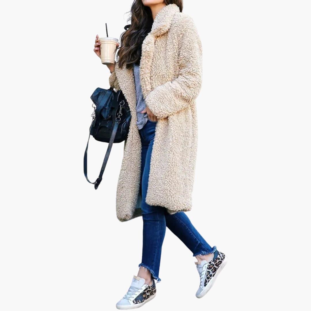Bavane | Women���s Teddy Fur Coat Long with Wide Collar and Textured Surface