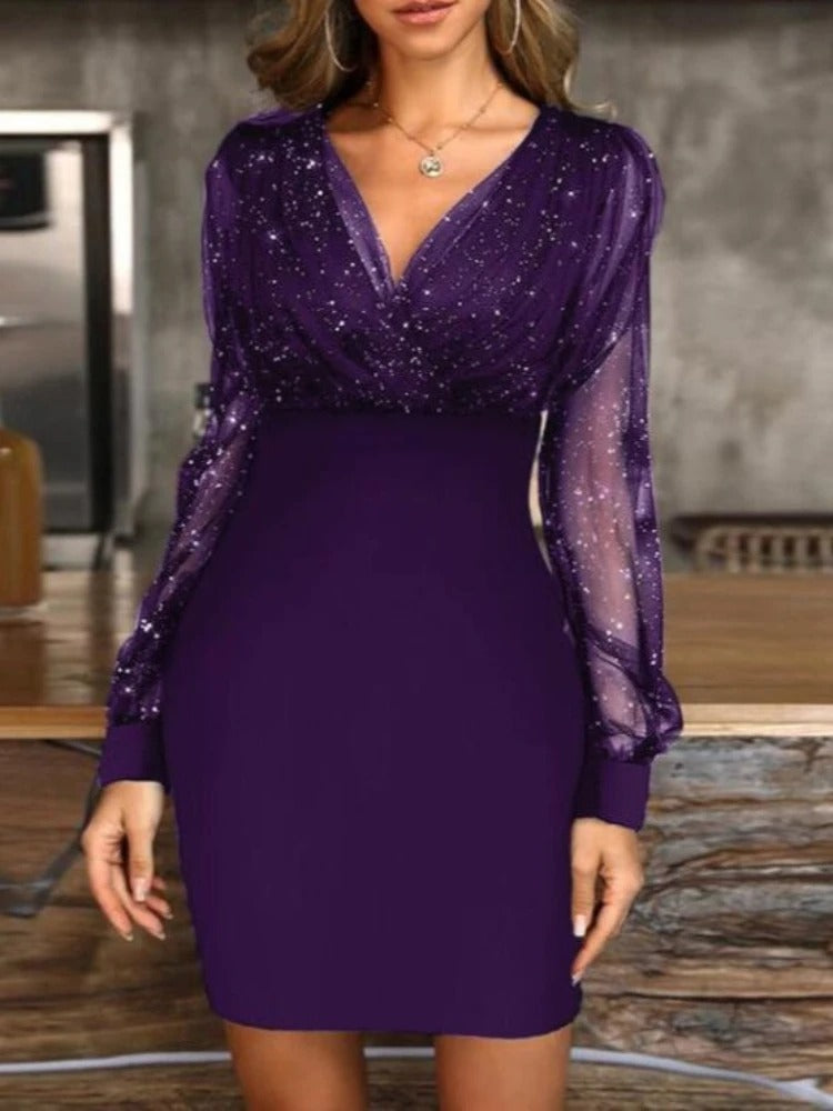 Bavane | Elegant Glitter Mesh Bodycon Mini Dress for Women with Long Sleeves