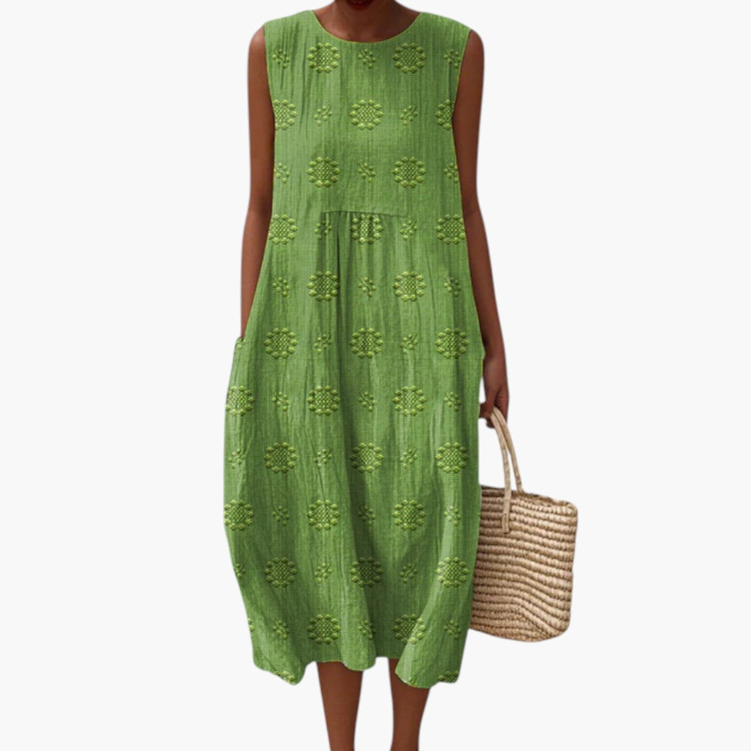 Bavane | Women's Midi Dress with Gathered Waist and Side Pockets