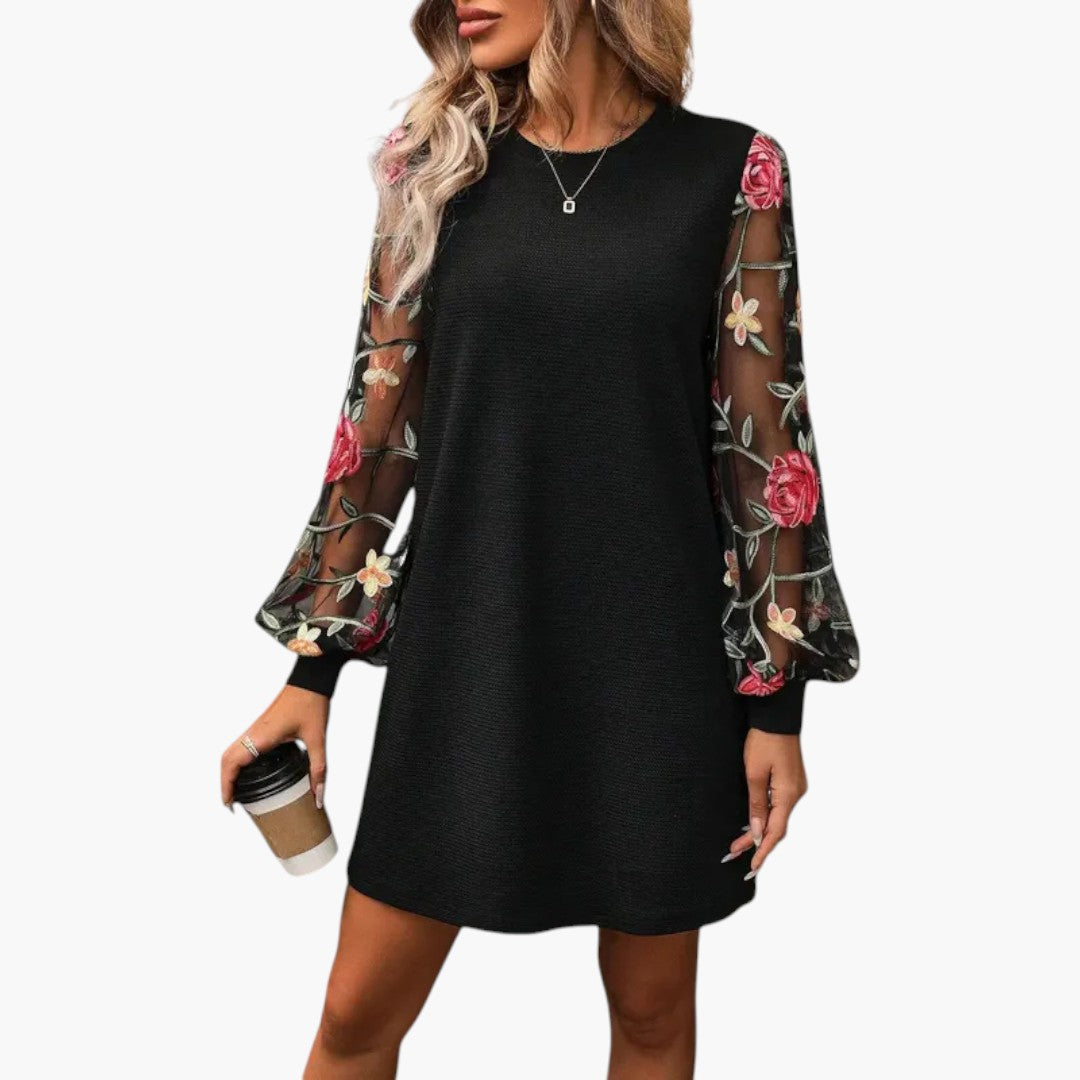 Bavane | Women's Mini Dress with Embroidered Long Sleeves and Straight Cut