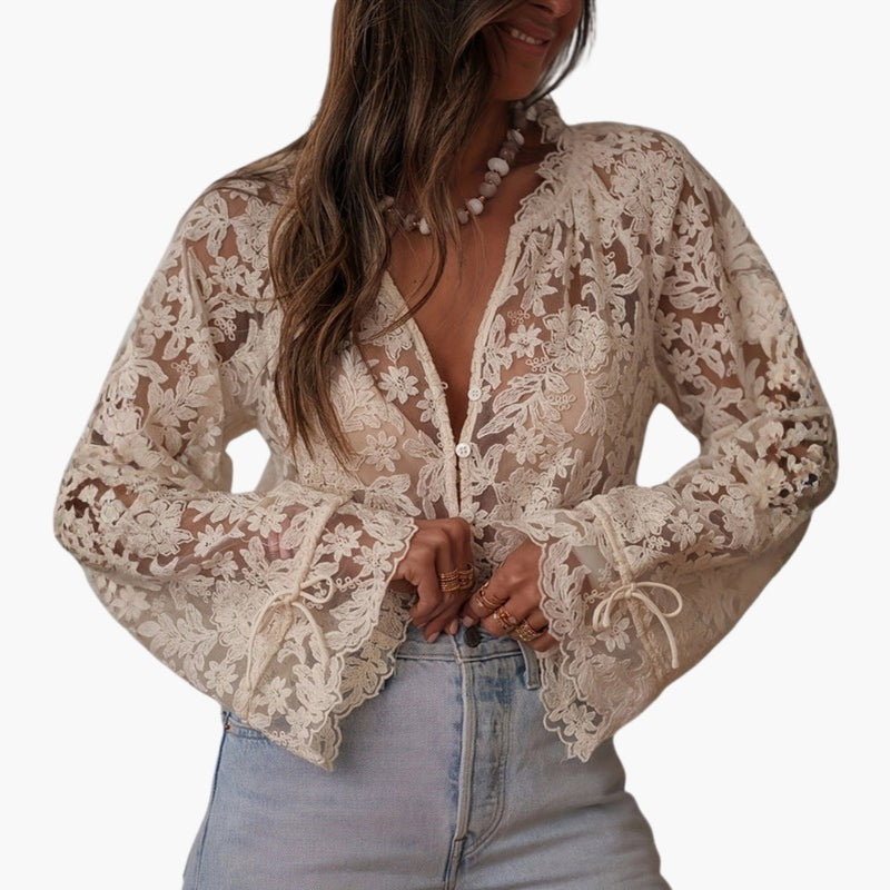 Bavane | Women's Blouse with Embroidered Surface and V-Neckline