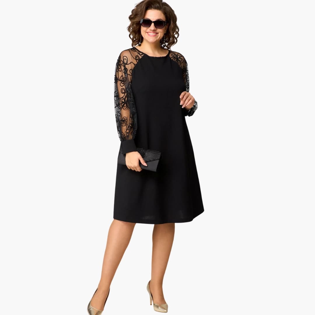 Bavane | Women's Midi Dress with Lace Sleeves and Round Neckline