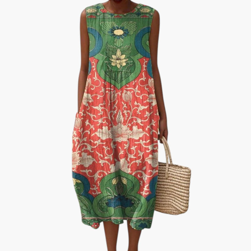 Bavane | Women's Midi Dress with Round Neckline and Sleeveless Design