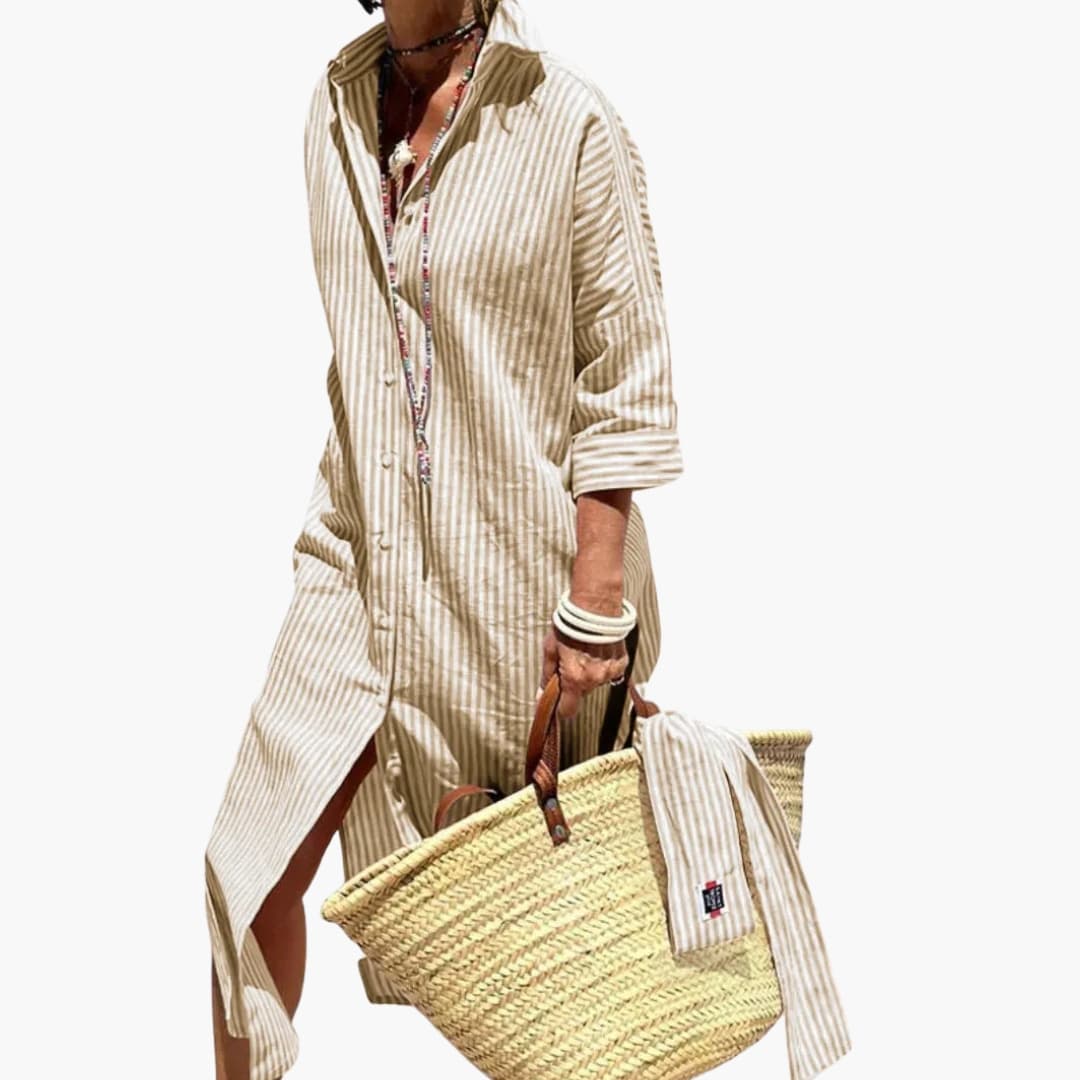 Bavane | Womens Midi Dress with Short Sleeves and Stripe Pattern
