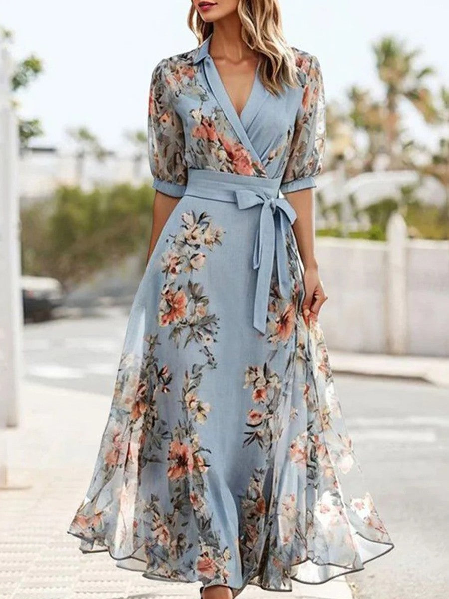 Bavane | Women's Floral Midi Dress with V Neckline and Stretch Fabric