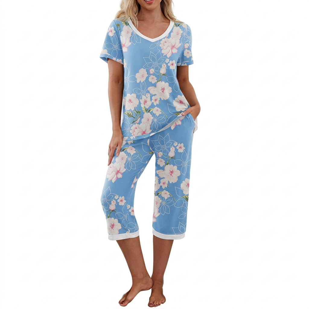 Bavane | Women's Floral Pajama Set with V-Neck Top and Capri Pants