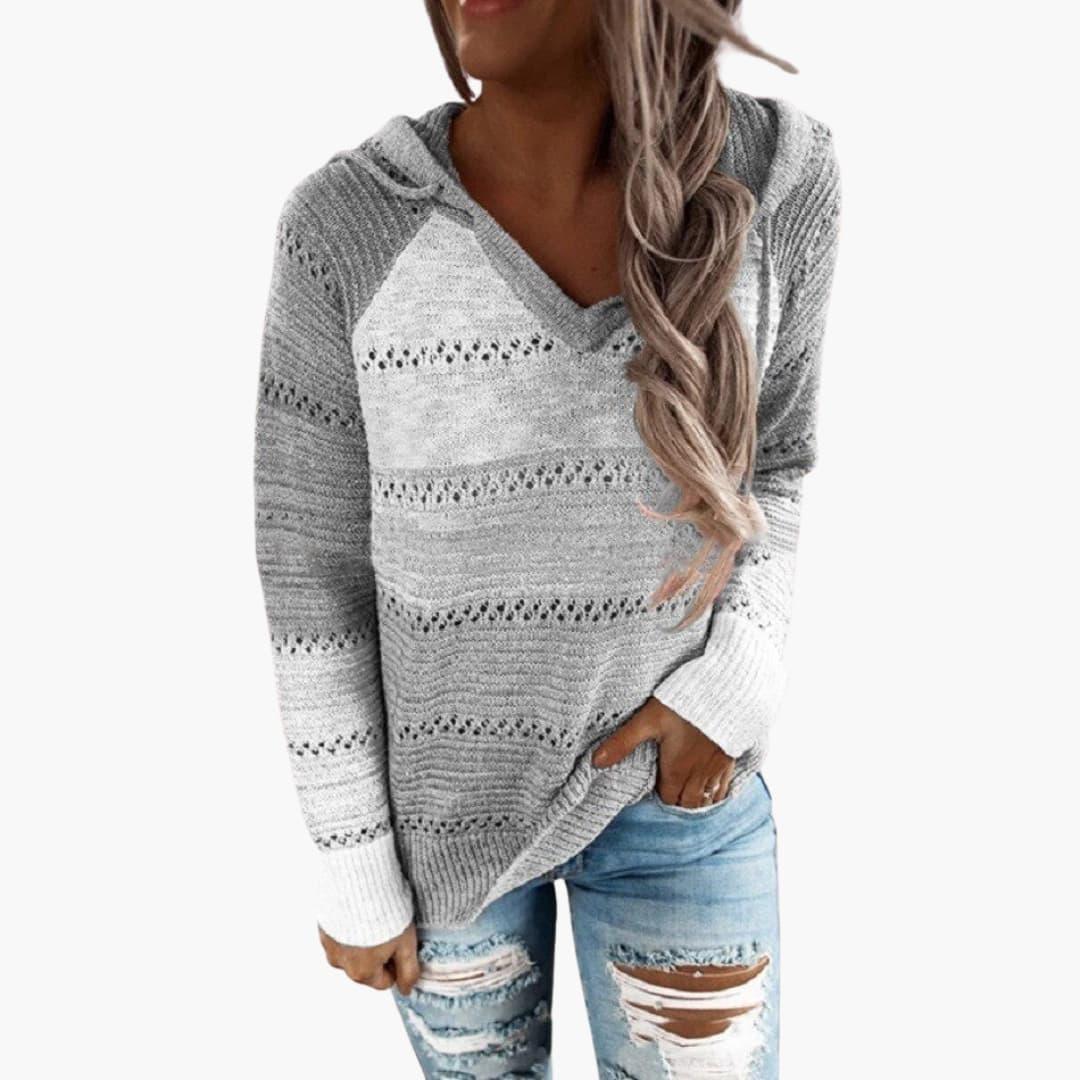 Women's Hooded Sweater with V-Neck and Striped Surface