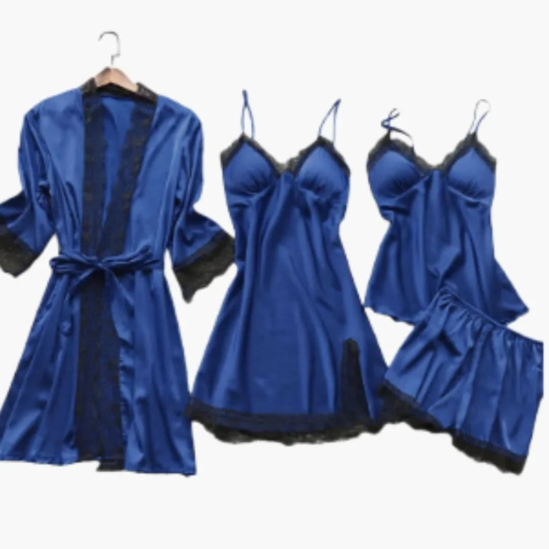 Bavane | Women's Satin Pajama Set with Robe and Lace Details
