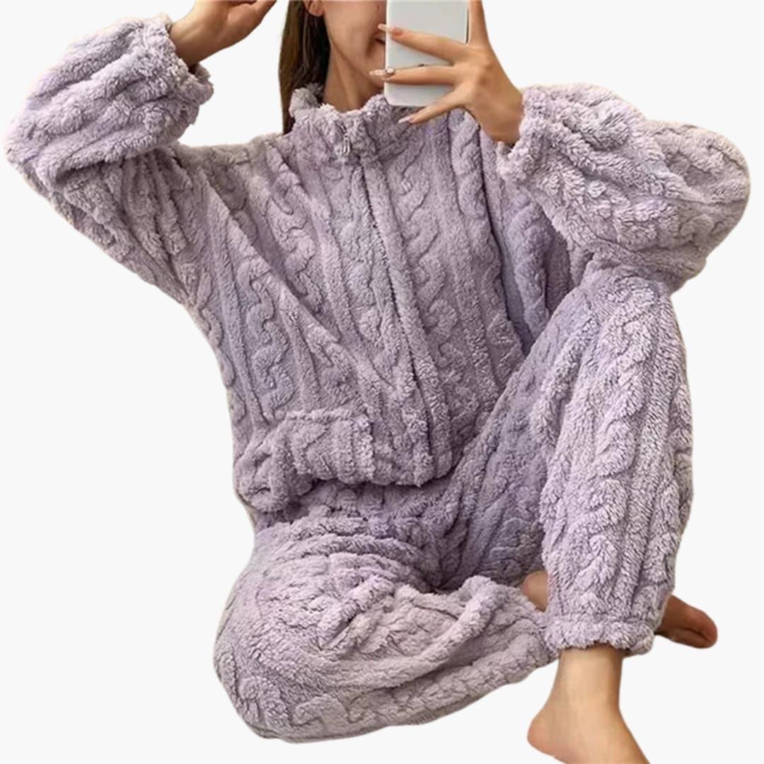 Women's Fleece Pajama Set with Zipper Top and Long Pants