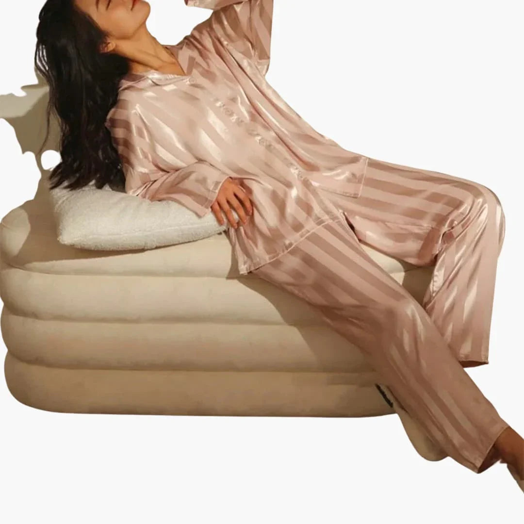 Bavane | Women's Satin Pajama Set with Button Top and Striped Design