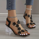 Women's Block Heel Sandals with Rhinestone Flowers and Cushioned Insole
