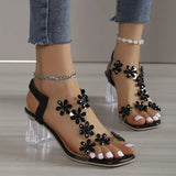 Women's Block Heel Sandals with Rhinestone Flowers and Cushioned Insole
