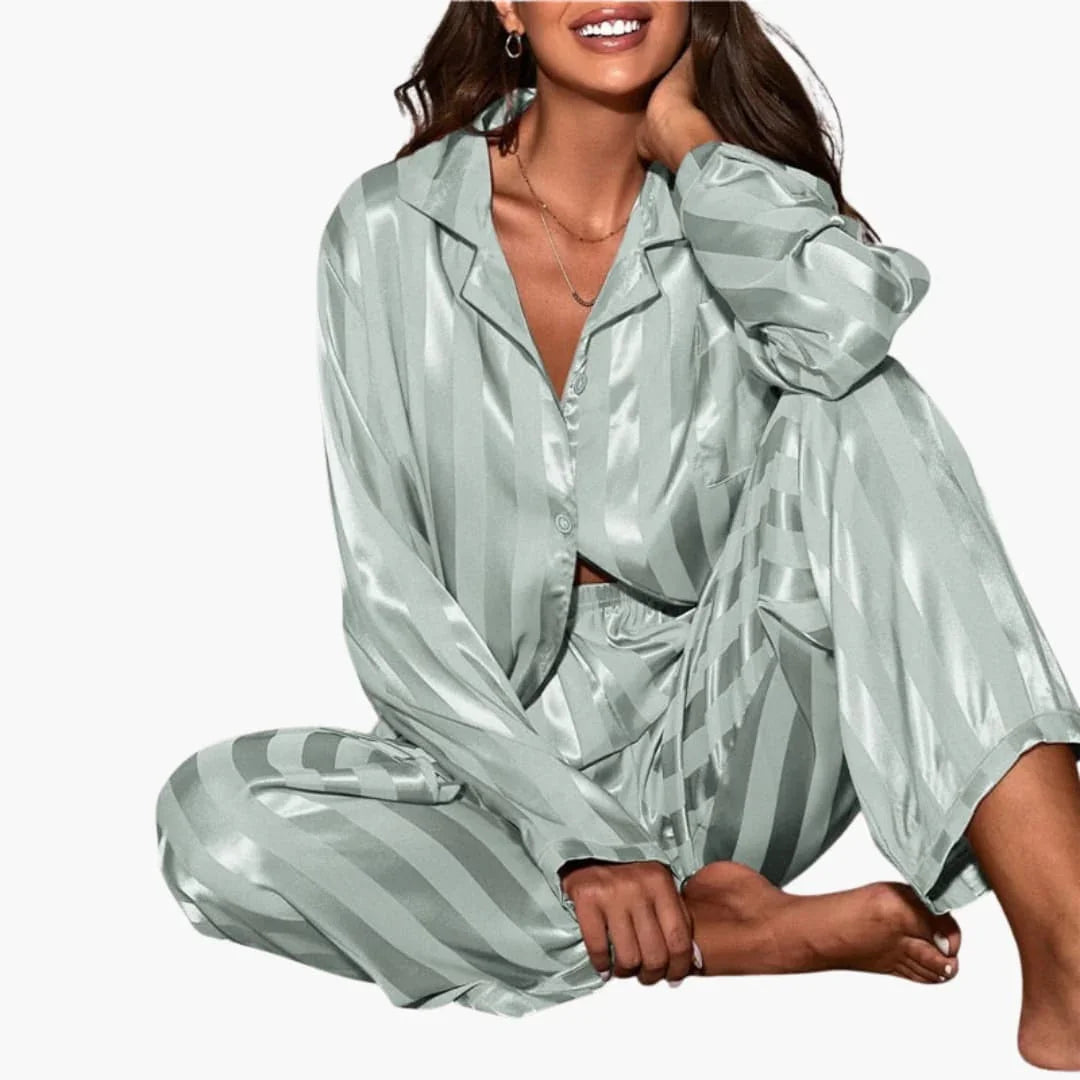 Women's Satin Pajama Set with Button Top and Striped Design