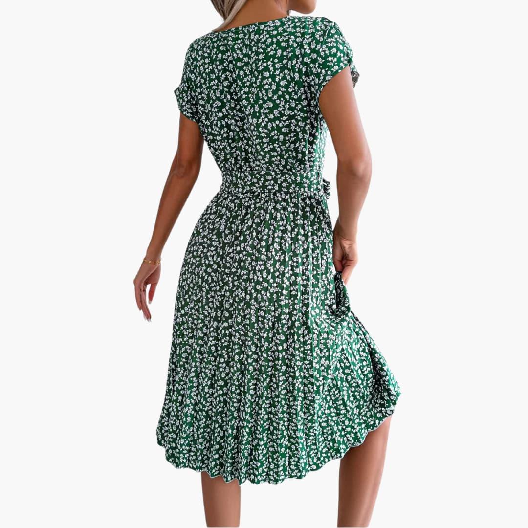 Summer Dress for Women - Floral Dress with Belt and Short Sleeves