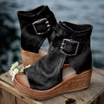 Womens Orthopedic Sandals with Wedge Sole and Buckle Closure