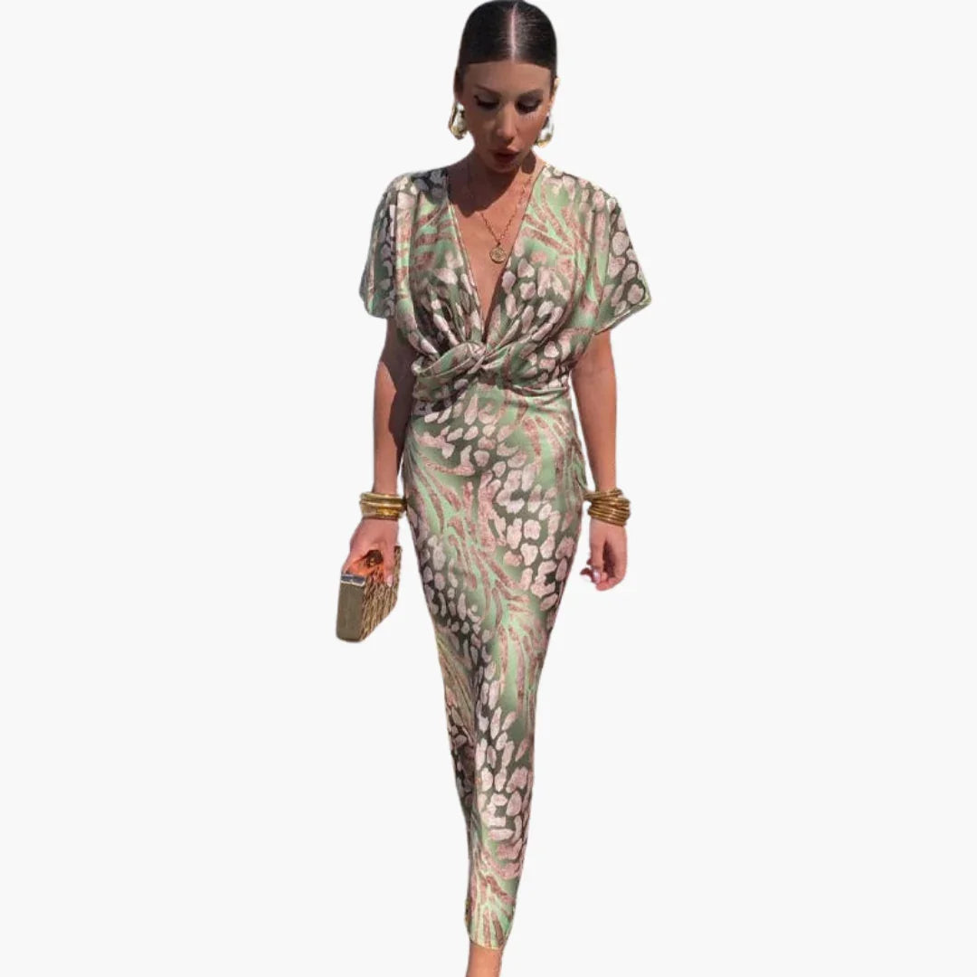Bavane | Womens Ankle-Length Dress with V-Neck and Knotted Front Detail