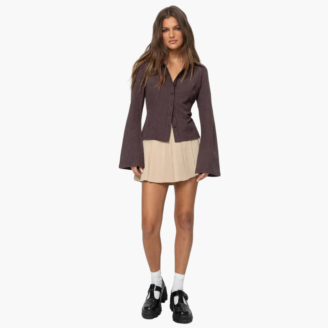 Striped Blouse for Women with Bell Sleeves and Skirt