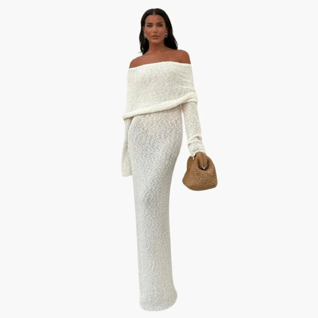 Bavane | Women's Off-Shoulder - Knit Maxi Dress for Elegant Occasions