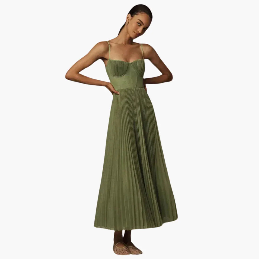 Bavane | Pleated Midi Dress for Women - Bustier & Spaghetti Straps